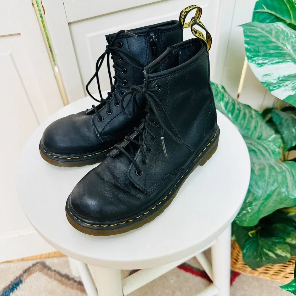 Dr Martens 1460 J Boots Youth Size 3 Black Leather Lace Up Side Zip